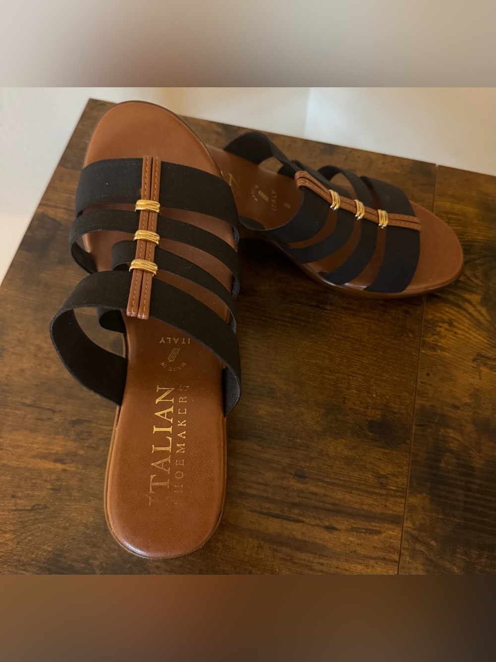 ITALIAN SHOEMAKERS Navy Slide Sandals with Gold Accents-SIZE 8